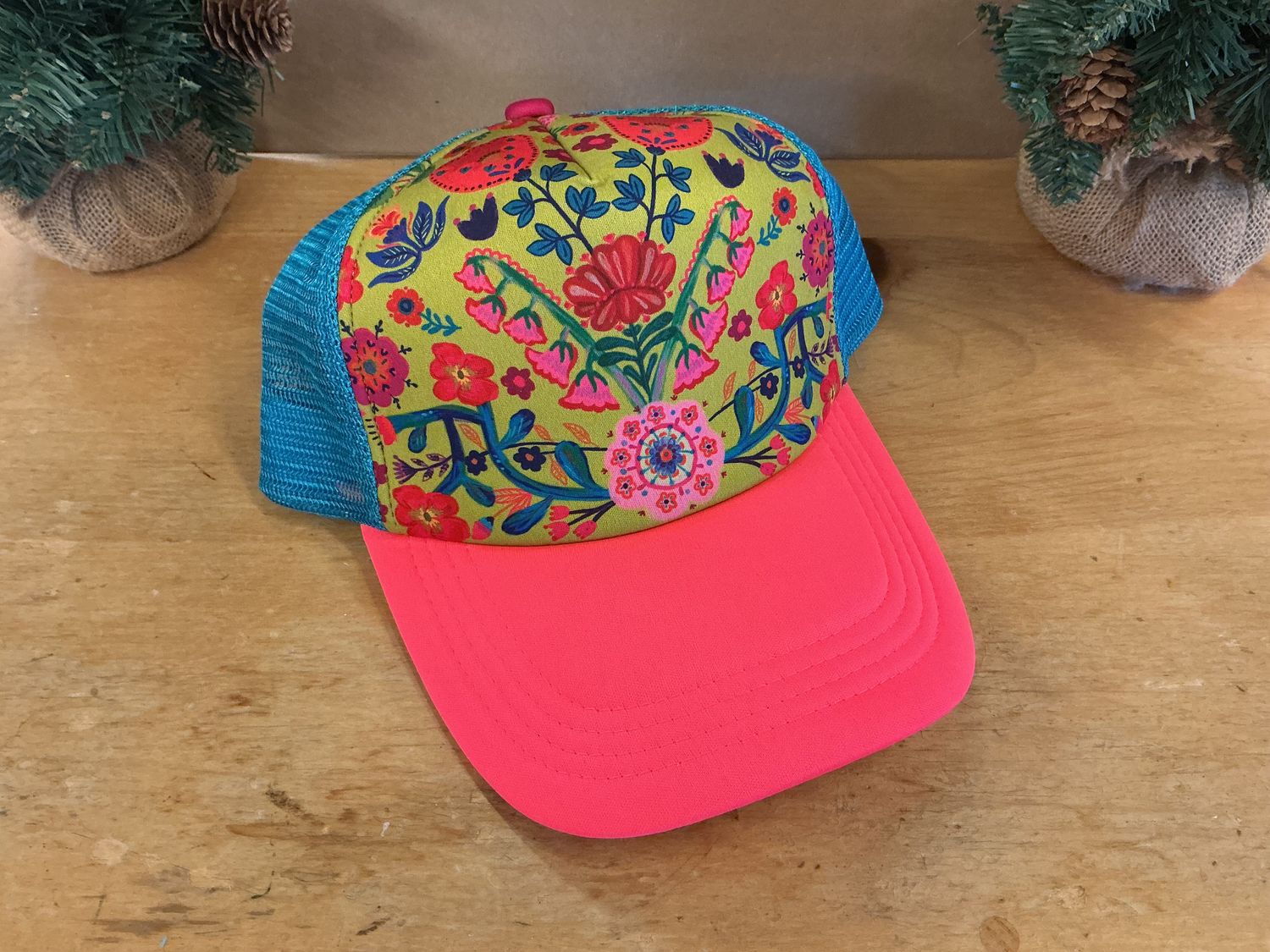 Neoprene Flower Print Trucker Cap pink/green/blue