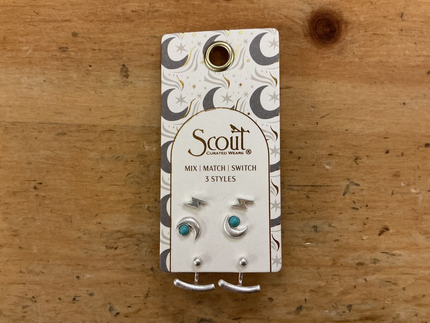 Silver Stud Trio Bolt/Moon - Earrings