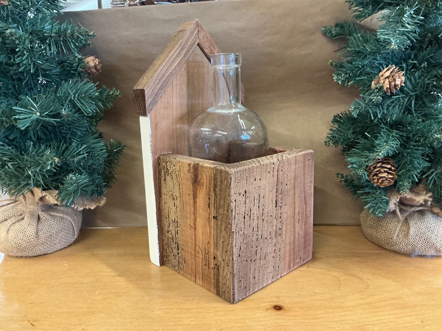 Wooden House W/Glass Bottle - Vase
