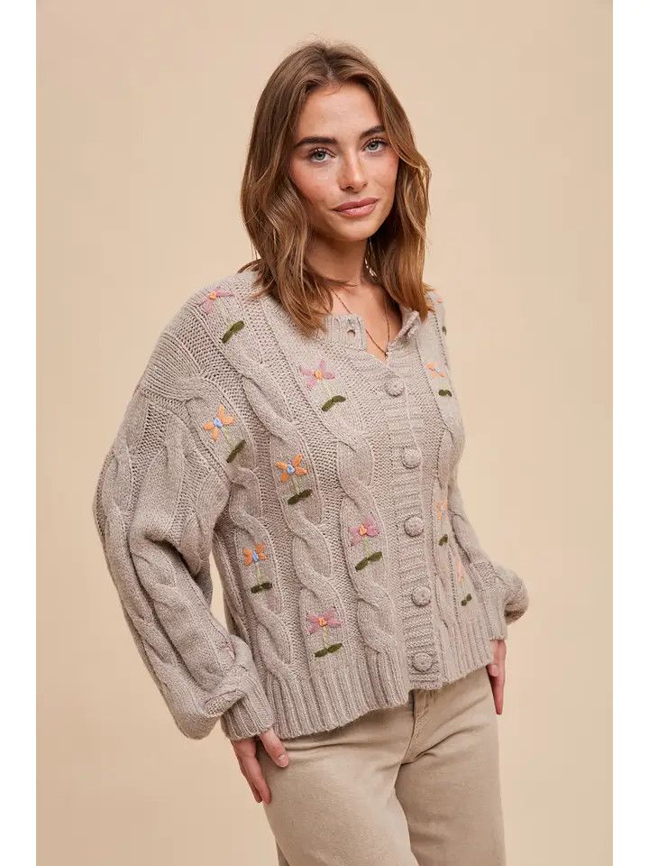 Embroidered Cable Knit Cardigan