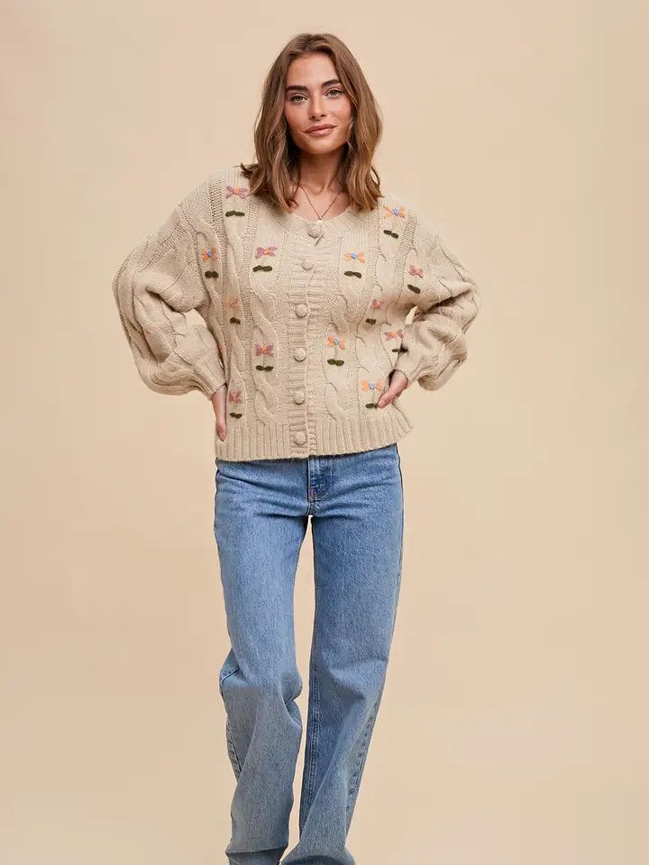 Embroidered Cable Knit Cardigan