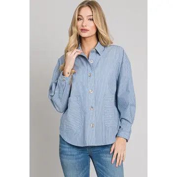  Long Sleeve Button Down Shirt Jacket with Pockets  Blue / White | Cerule