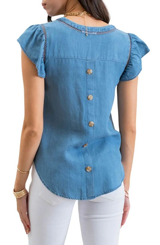 Ladder Stitch Flutter Sleeve Tencel® Lyocell Chambray Top | Blu Pepper