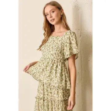  Printed Floral Top  IVORY/GREEN |  Polagram by Wellmade USA