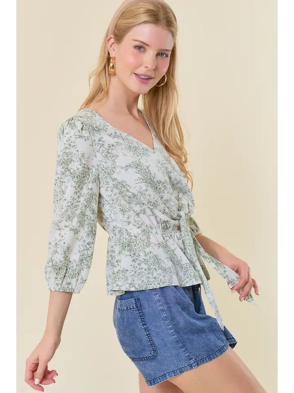 Floral V-Neck Front Tie Peplum Top - Sage | Doe and Rae