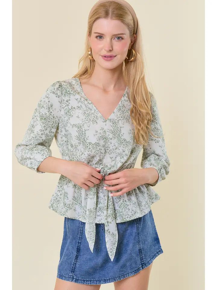 Floral V-Neck Front Tie Peplum Top - Sage | Doe and Rae