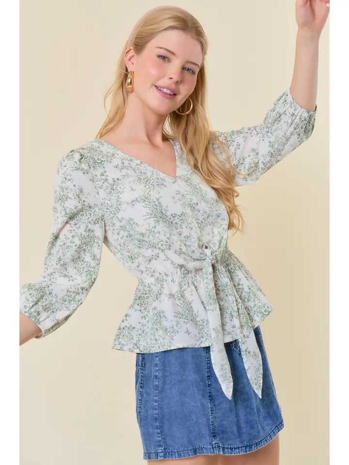Floral V-Neck Front Tie Peplum Top - Sage | Doe and Rae