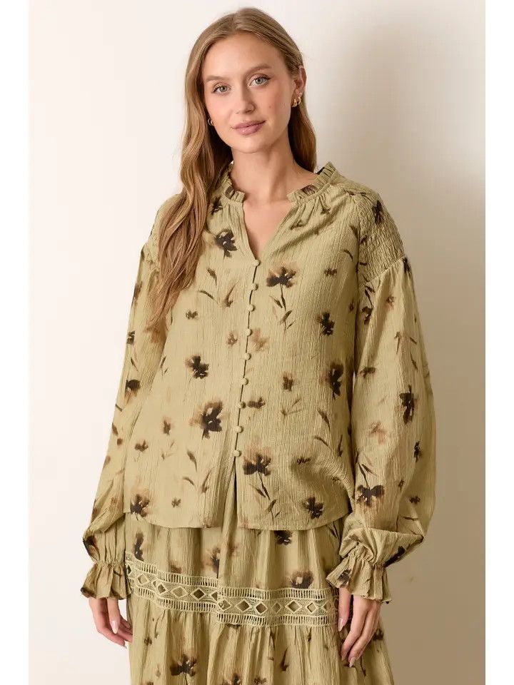 Printed Floral Button Up Blouse - Olive | Polagram by Wellmade USA