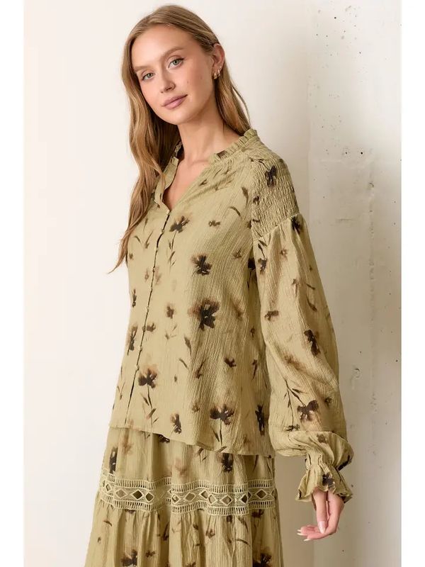 Printed Floral Button Up Blouse - Olive | Polagram by Wellmade USA