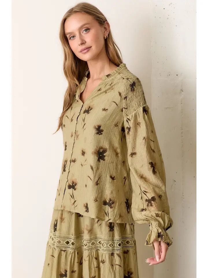 Printed Floral Button Up Blouse - Olive | Polagram by Wellmade USA