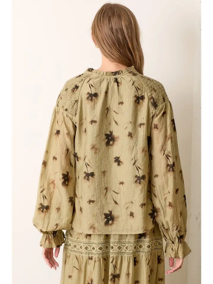 Printed Floral Button Up Blouse - Olive | Polagram by Wellmade USA