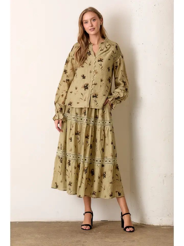 Printed Floral Button Up Blouse - Olive | Polagram by Wellmade USA