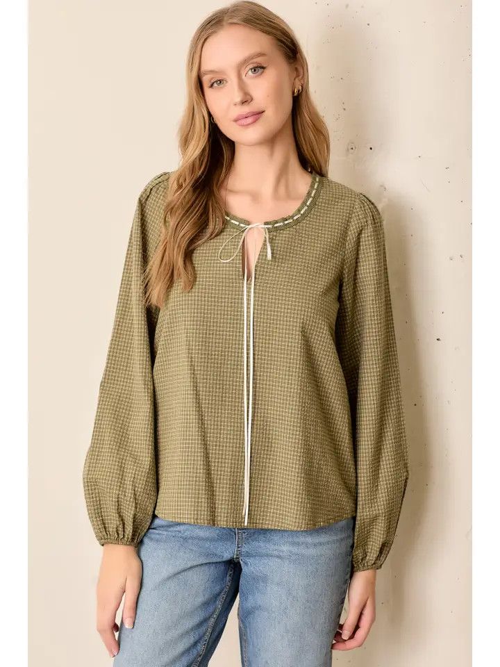 Grid Checkered Eyelet Trim Top -  OLIVE/IVORY | Polagram by Wellmade USA