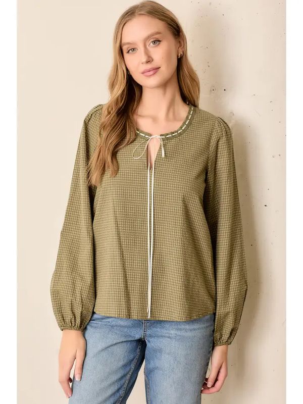 Grid Checkered Eyelet Trim Top -  OLIVE/IVORY | Polagram by Wellmade USA