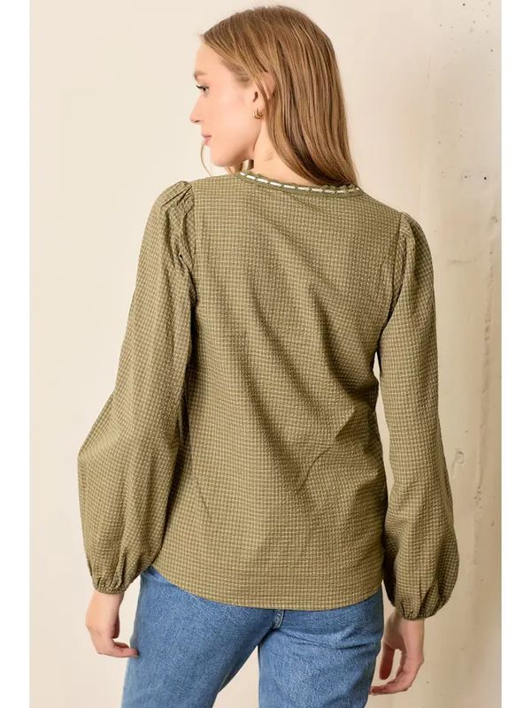 Grid Checkered Eyelet Trim Top -  OLIVE/IVORY | Polagram by Wellmade USA