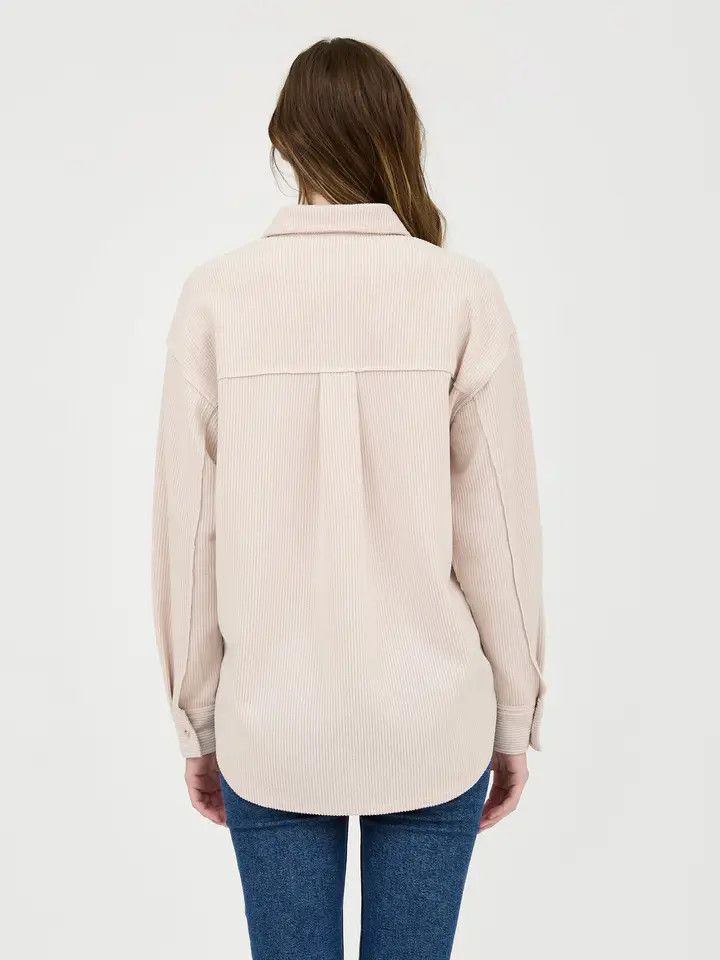 Rib Knit Exposed Seam Button Up Top - OATMEAL