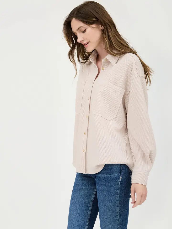 Rib Knit Exposed Seam Button Up Top - OATMEAL