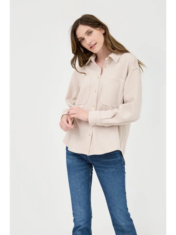 Rib Knit Exposed Seam Button Up Top - OATMEAL