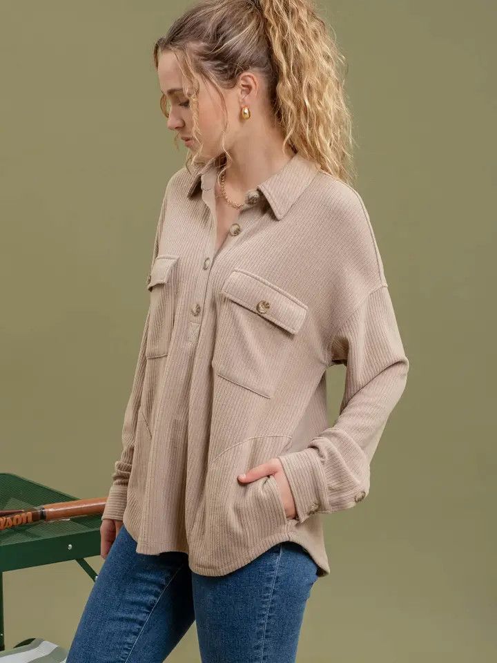 Half Button Side Pocket Knit Top - TAUPE