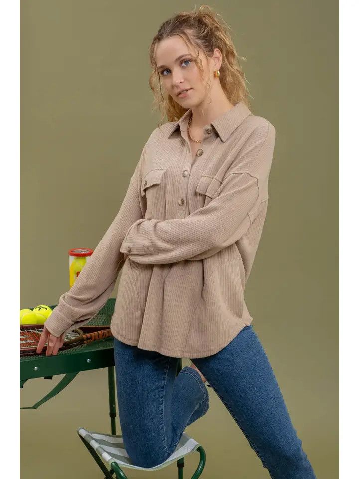 Half Button Side Pocket Knit Top - TAUPE