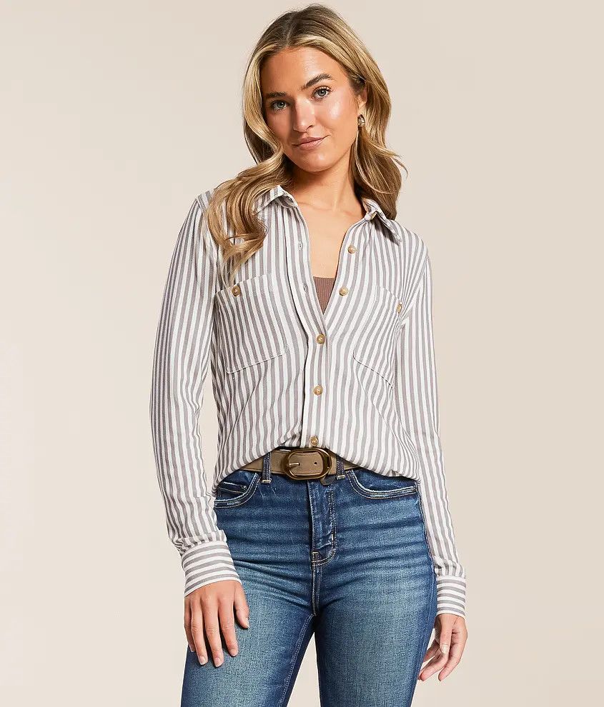 Stripe Collared Long Sleeve Button Down Shirt - TAUPE