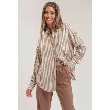 Stripe Collared Button Down Long Sleeve Shirt - KHAKI