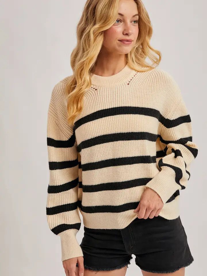 Striped Chunky Rib-Knit Sweater - Brown