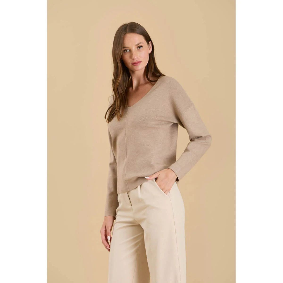  Solid V Neck Front Seam Knit Sweater - Oatmeal