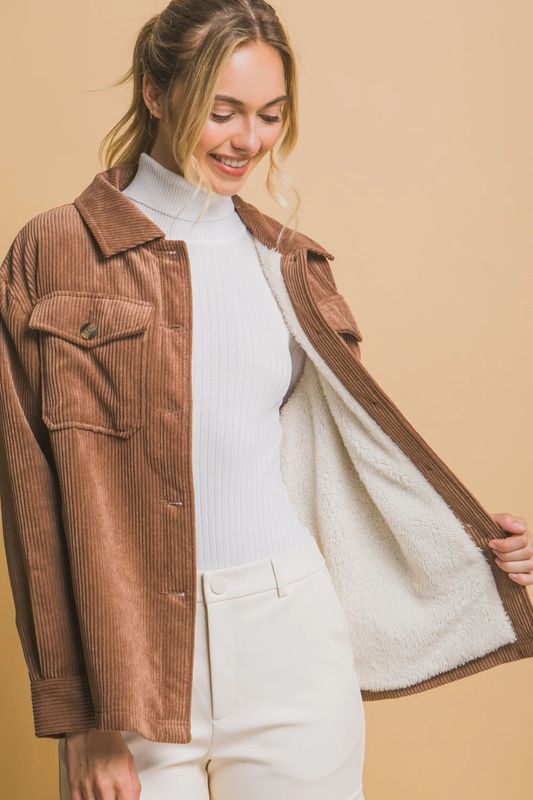 Corduroy Button Up W/ Fur Sherpa - Brown