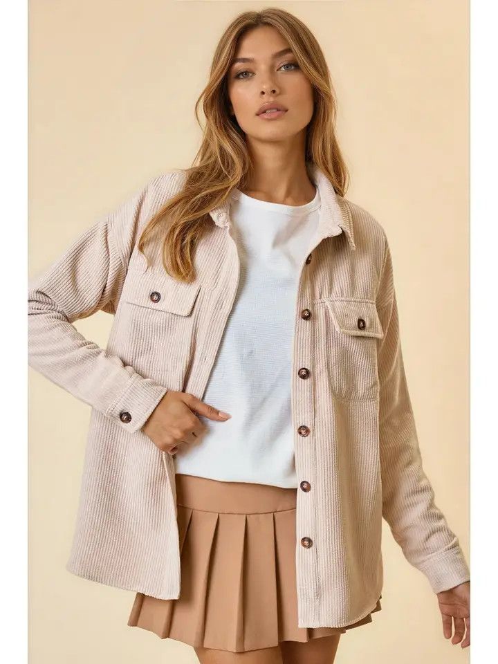 Corduroy Button Down Jacket - Beige