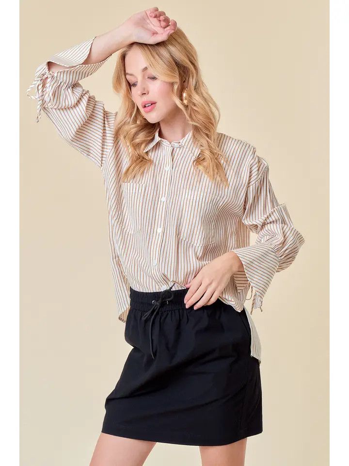 Strap Tie Bell Sleeve Button Down Shirt Top - Tan