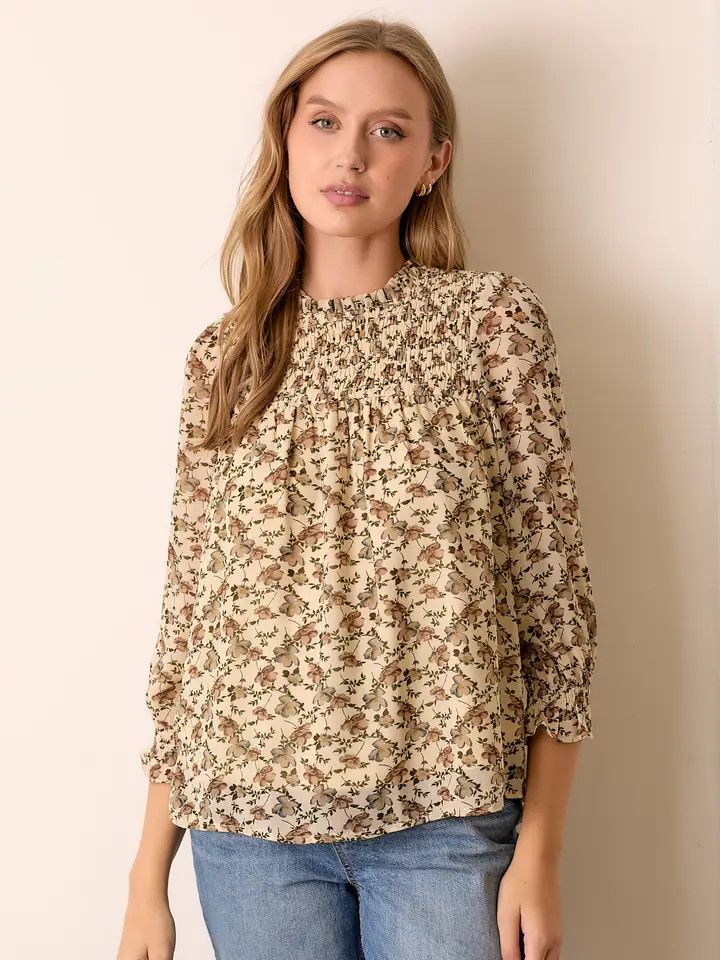 Floral Print Smocked Yoke Top - CREAM