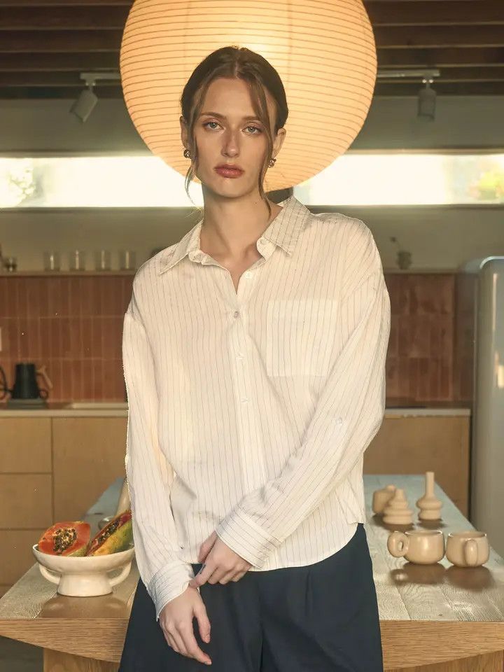 Pinstripe Collared Long Sleeve Button Down - Off White