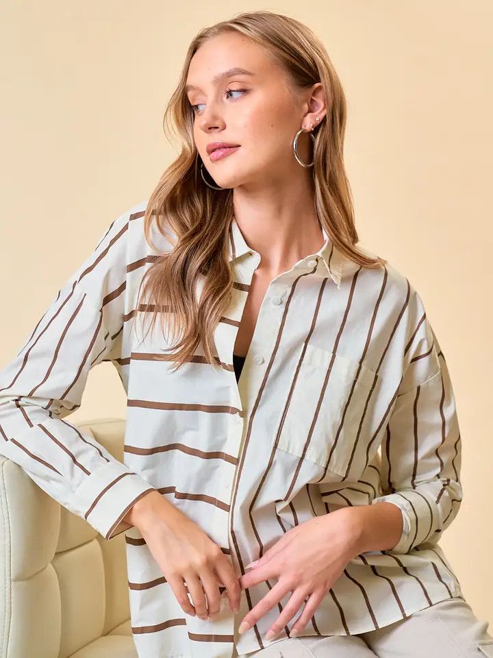 Stripe Mixed Oversized Button Down - Ivory