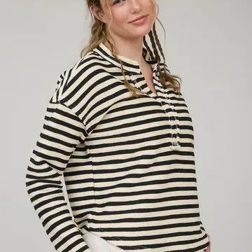  Textured Stripe Split Neck Long Sleeve Knit Top - BLACK