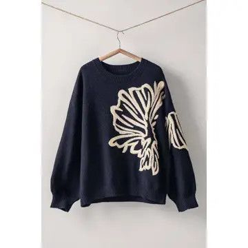 Floral Embroidered Oversized Knit Sweater - Black