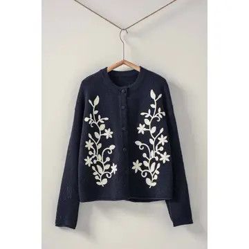 Embroidered Mirrored Floral Button Cardigan - Black