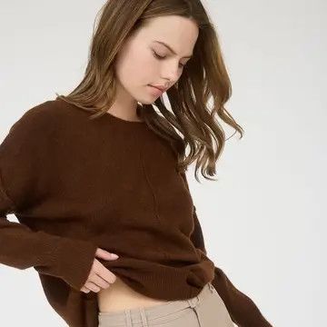 Solid Crewneck Front Seam Knit Sweater - BROWN