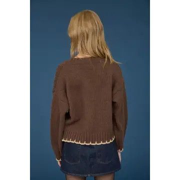 Cable Knit Pattern Contrast Stitch Detail Sweater