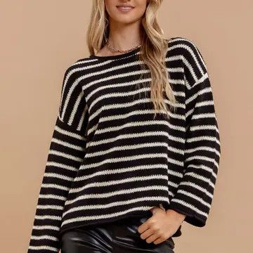  Stripe Boat Neck Drop Shoulder Knit Sweater - BLACK