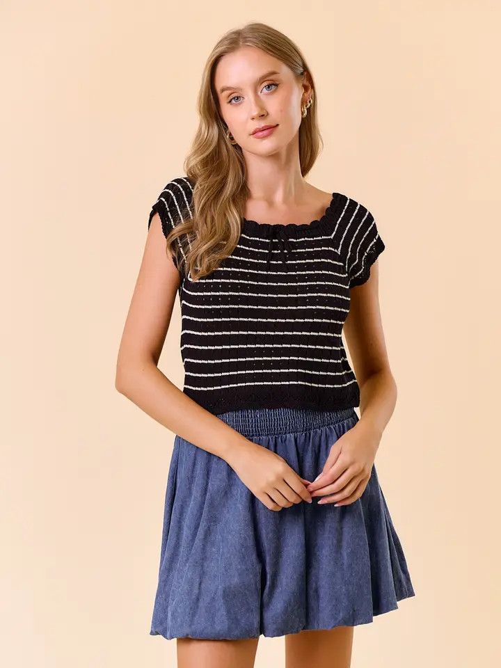 Vintage Inspired Striped Crochet Knit Top - BLACK