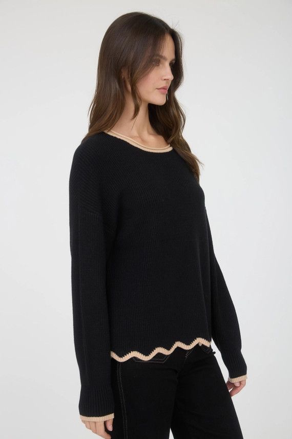 Contrast Scallop Trim Knit Pullover Sweater - BLACK