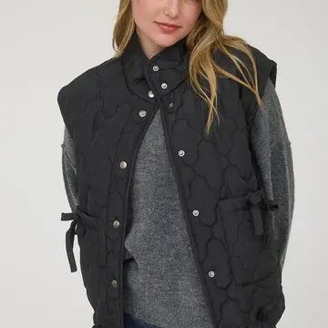 Tie Detail Snap Button Down Quilted Puffer - BLACK