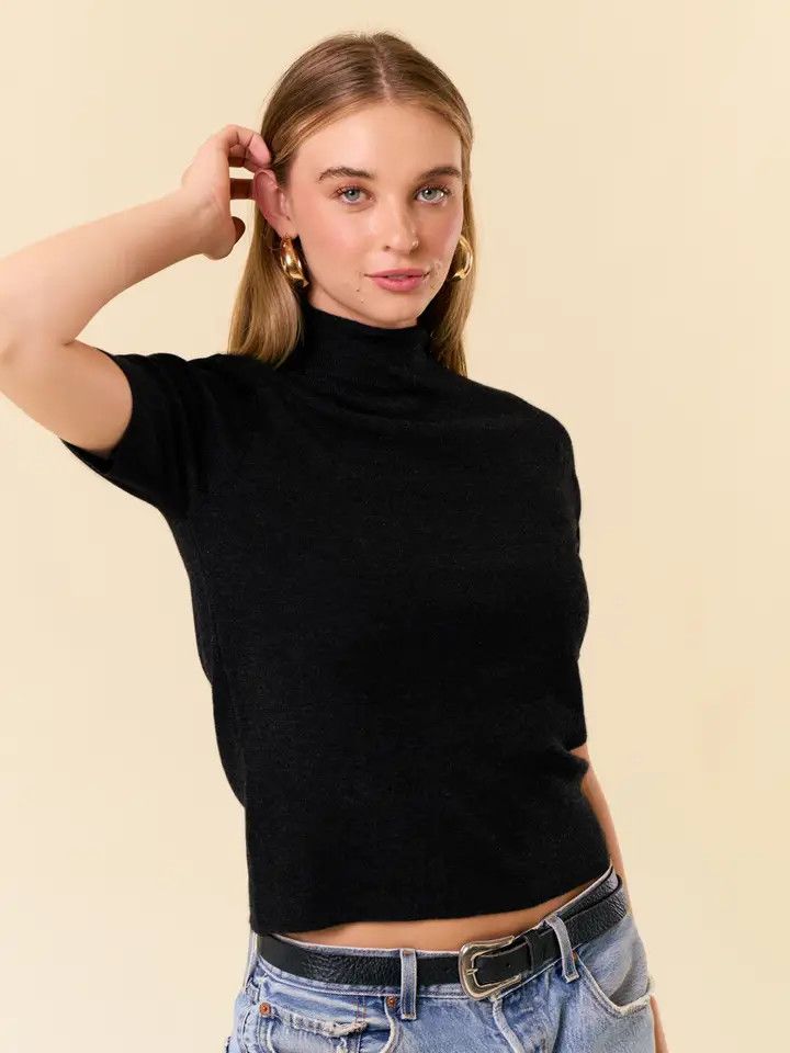 Mock Neck Half Sleeve Basic Sweater - BLACK
