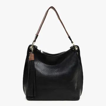M1861 Amber Three Compartment Tassel Hobo Bag - BLACK