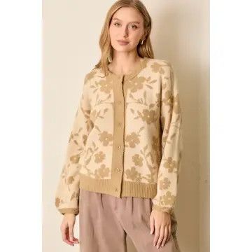 Flower Intarsia Sweater Cardigan - GREEN