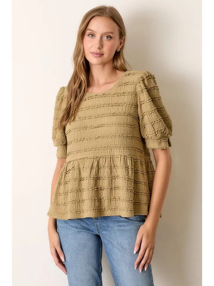 Textured Woven Striped Blouse - OLIVE