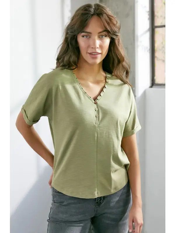 Slub Knit Jersey Top with Button Up Detail - OLIVE