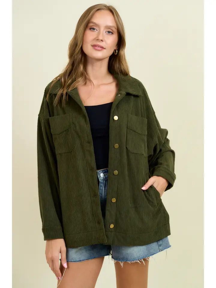 Corduroy Front Button Down Oversized Jacket - GREEN