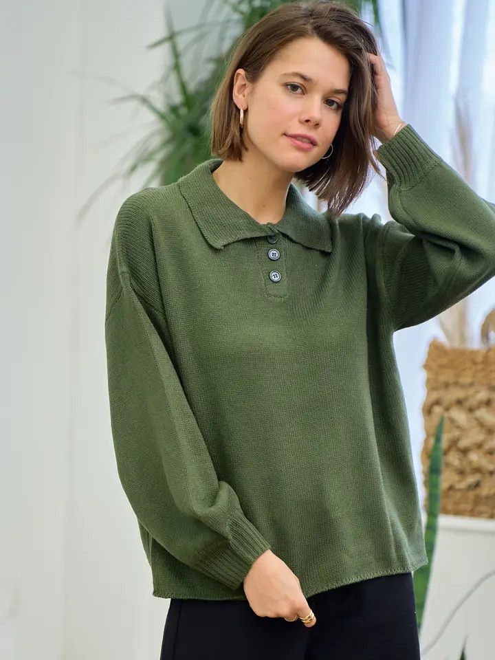 Sweater with Collar - OLIVE